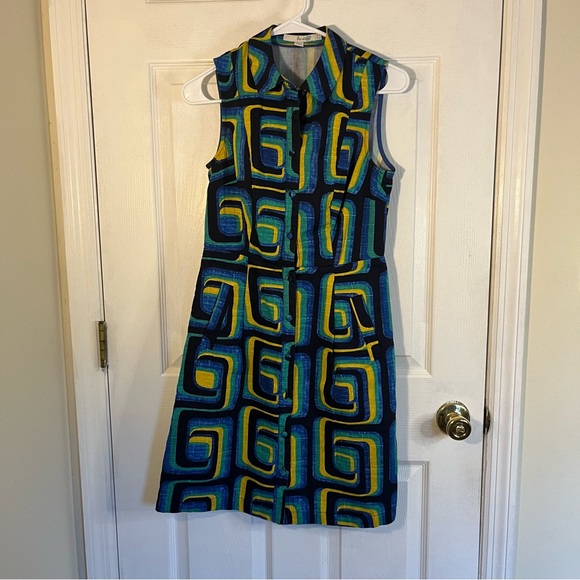 Boden Blue and Green Geometric Button Down Midi Dress - Picture 10 of 12